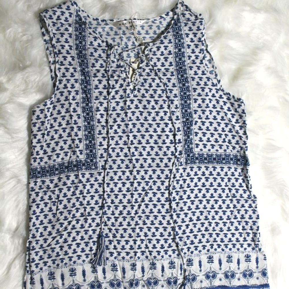 Max Studio Blue White Floral Lace Up Tank M